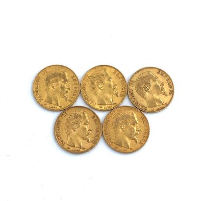 CINQ PIÈCES DE 20 francs OR 20 Francs, Napoléon III, 1854, 1855, 1857, 1858 (2).

Poids...