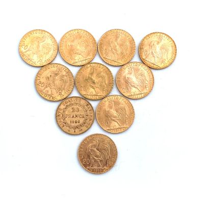 DIX PIÈCES DE 20 francs OR 20 Francs, 1896, 1910 (2), 1912, 1913 (5), 1914.

Poids...