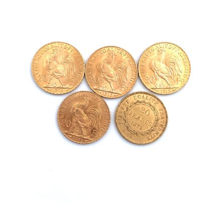 CINQ PIÈCES DE 20 francs OR 20 Francs, 1875, 1910, 1913 (3).

Poids : 32,31 g.
