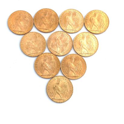 DIX PIÈCES DE 20 francs OR 20 Francs, 1909, 1910, 1911 (2), 1912 (2), 1913 (4)

Weight...