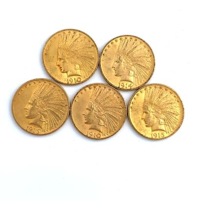 CINQ PIÈCES DE 10 dollars OR 10 dollars, tête d'indien, 1910 (2), 1914, 1915 (2)

Poids...