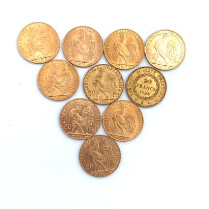 DIX PIÈCES DE 20 francs OR 20 Francs, 1848, 1901, 1908, 1910, 1911 (2), 1912, 1913...