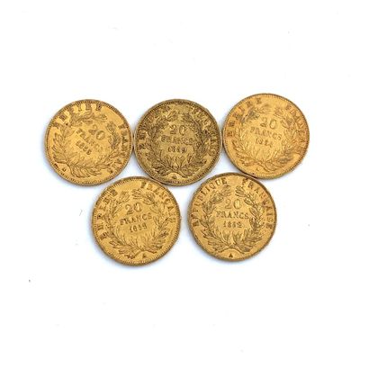 CINQ PIÈCES DE 20 francs OR 20 Francs, Napoleon III, 1852, 1854, 1855, 1859 (2)

Weight...