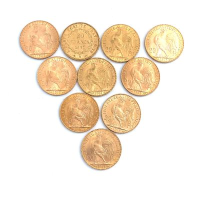 DIX PIÈCES DE 20 francs OR 20 Francs, 1893, 1904, 1908 (2), 1909, 1912, 1913 (4).

Poids...