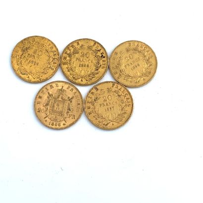 CINQ PIÈCES DE 20 francs OR 20 Francs, Napoléon III, 1857, 1858 (3), 1866

Poids...
