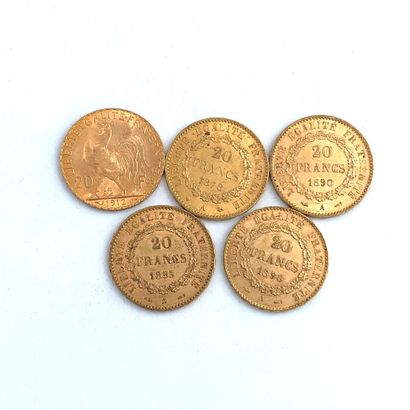 CINQ PIÈCES DE 20 francs OR 20 Francs, 1878, 1890, 1895, 1896, 1912.

Poids : 32,31...