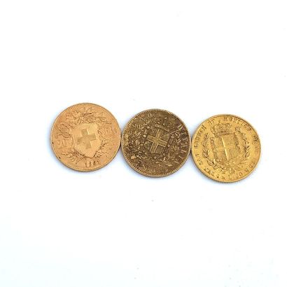 Trois pièces en or 20 Francs: Helvetia, 1901, 20 lires Vittorio Emanuele 1863, 20...
