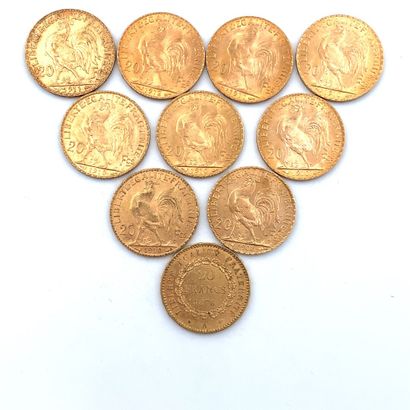 DIX PIÈCES DE 20 francs OR 20 Francs, 1876, 1910 (5), 1908, 1911 (2), 1912.

Poids...