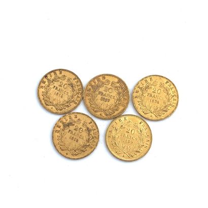 CINQ PIÈCES DE 20 francs OR 20 Francs, Napoléon III, 1854, 1856, 1857, 1858, 1859.

Poids...