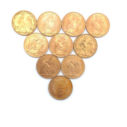 DIX PIÈCES DE 20 francs OR 20 Francs, 1895, 1902, 1903, 1908, 1909, 1910, 1913 (4).

Poids...