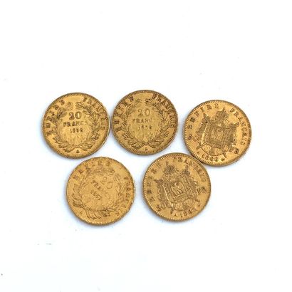CINQ PIÈCES DE 20 francs OR 20 Francs, Napoleon III, 1856, 1857, 1859, 1862, 1866.

Weight...