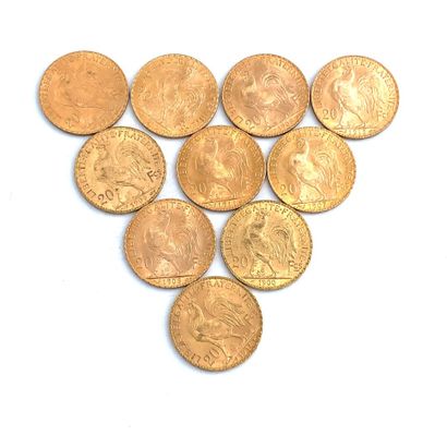 DIX PIÈCES DE 20 francs OR 20 Francs, 1900, 1907, 1908 (2), 1909, 1910, 1911, 1913...