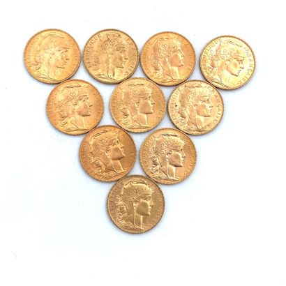 DIX PIÈCES DE 20 francs OR 20 Francs, 1904, 1905, 1907, 1908, 1910 (3), 1911, 1912,...