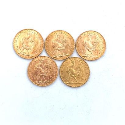 CINQ PIÈCES DE 20 francs OR 20 Francs, 1899, 1913 (4)

Poids : 32,29 g.