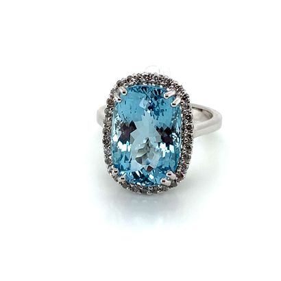 BAGUE en or gris, aigue-marine et diamants BAGUE en or gris (750‰) ornée d'une aigue-marine...