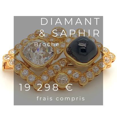 BROCHE en or, diamant et saphir. GOLD BROCHURE (750‰) set with a square cushion-cut...