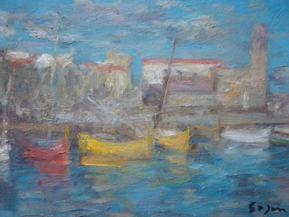Pierre GOGOIS Le port de Collioure: huile sur toile, signée en bas à droite. Dim:...