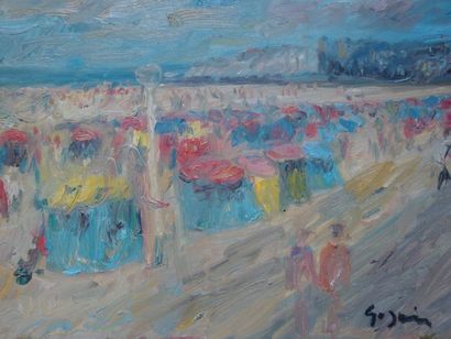 Pierre GOGOIS La plage de Deauville: huile sur toile, signée en bas à droite. Dim:...