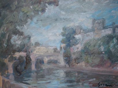 Pierre GOGOIS La Seine: huile sur toile, signée en bas à droite. Dim: 46 x 61 cm