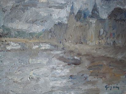 Pierre GOGOIS Péniche sur la Seine: huile sur toile, signée en bas à droite. Dim:...