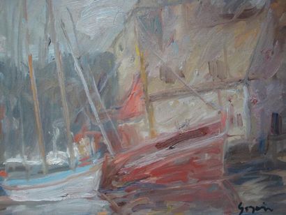 Pierre GOGOIS Bateau rouge dans leport d'Honfleur: huile sur toile, signée en bas...