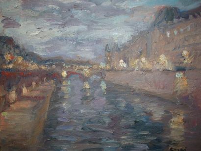 Pierre GOGOIS Paris la nuit: huile sur toile, signée en bas à droite. Dim: 50 x 61...