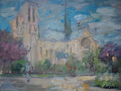 Pierre GOGOIS Notre Dame: huile sur toile, signée en bas à droite. Dim: 50 X 65 ...