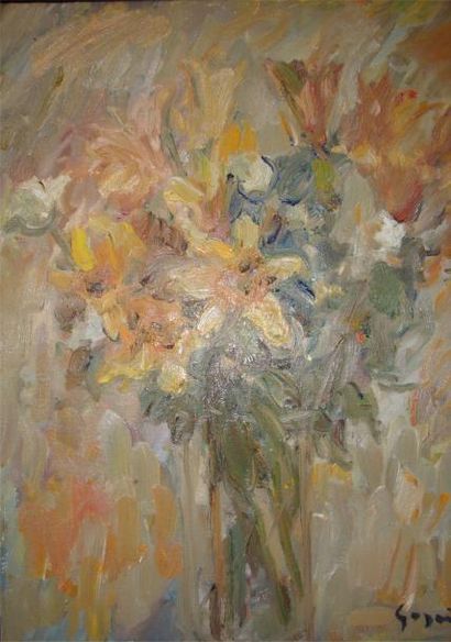 Pierre GOGOIS Bouquet de fleurs: huile sur toile,signée en bas à droite. Dim: 65...