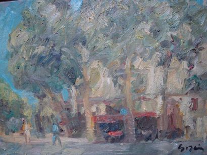 Pierre GOGOIS Place Maubert lesgrands arbres:huile sur toile, signée en bas à droite....