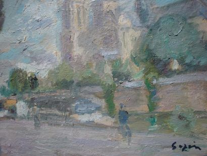 Pierre GOGOIS Les quais devant Notre Dame:huile sur toile, signée en bas à droite....
