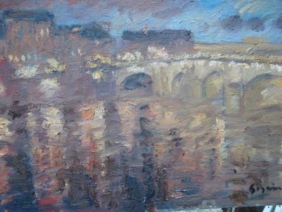 Pierre GOGOIS Le Pont Neuf la nuit:huile sur toile, signée en bas à droite. Dim:...