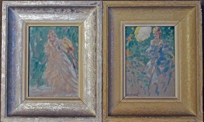 null Louis ICART (1888-1950) : « Élégantes dans les bois ». Paire d’huiles sur panneaux,...