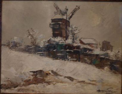 null Fernand ANDREY-PRÉVOST (1890-1961) : « Neige au Moulin de la Galette ». Huile...