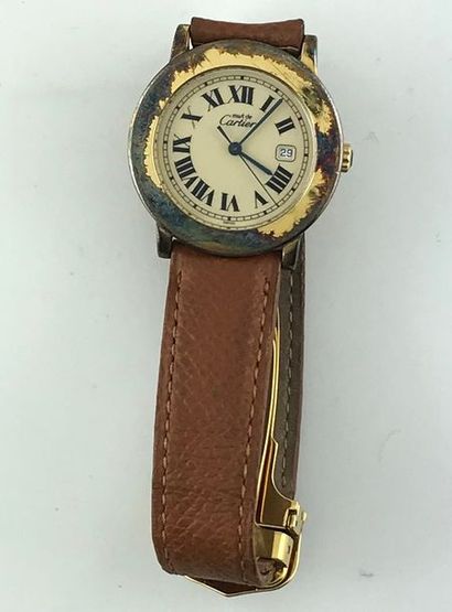 null Must de CARTIER Montre Vendôme en vermeil, mouvement quartz, bracelet cuir,...