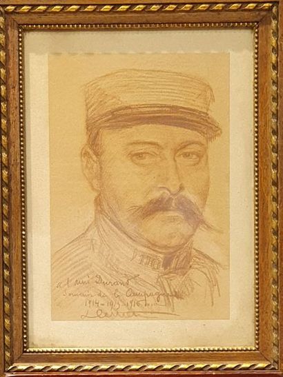 Leure L (?) «Portrait d'un soldat du 110è» Crayon, signé en bas à gauche et dédicacé...