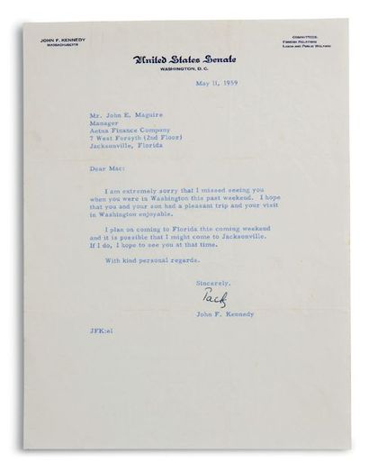 KENNEDY JOHN FITZGERALD (1917-1963). Signed letter, signed « Jack », Washington 11...