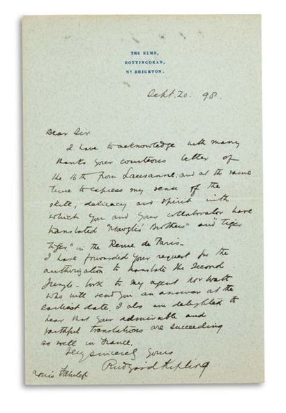 KIPLING RUDYARD (1865-1936). Signed autograph letter, signed « Rudyard Kipling »,...