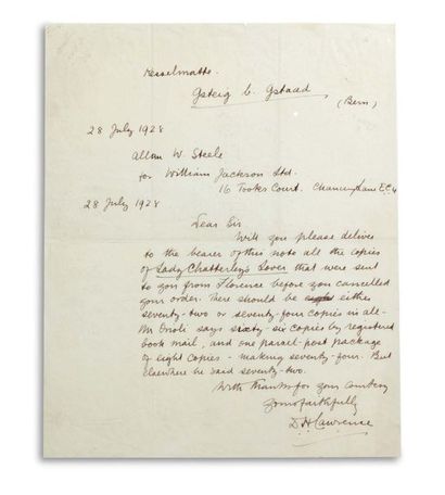 LAWRENCE DAVID HERBERT (1885-1930). Signed autograph letter, signed « D.H. Lawrence...