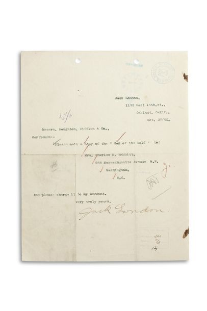 LONDON JACK (1876-1916). Signed letter, signed « Jack London », Oakland (California)...