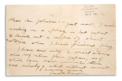 LONDON Jack (1876-1916) Signed autograph letter, signed « Jack London », Oakland...