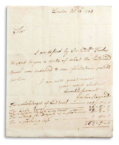 REYNOLDS JOSHUA (1723-1792). Peintre anglais. Signed autograph letter, signed « Joshua...