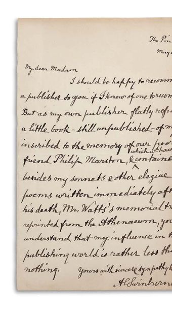 SWINBURNE ALGERNON CHARLES (1837-1909) Signed autograph letter, signed “Al.Swinburne”,...
