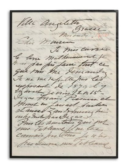 CASSATT MARY (1844-1926) L.A.S. « Mary Cassatt » et NOTE autographe, Villa Angeletto,...
