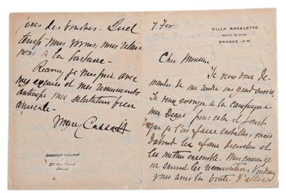 CASSATT MARY (1844-1926). Signed autograph letter, signed « Mary Cassatt », Villa...