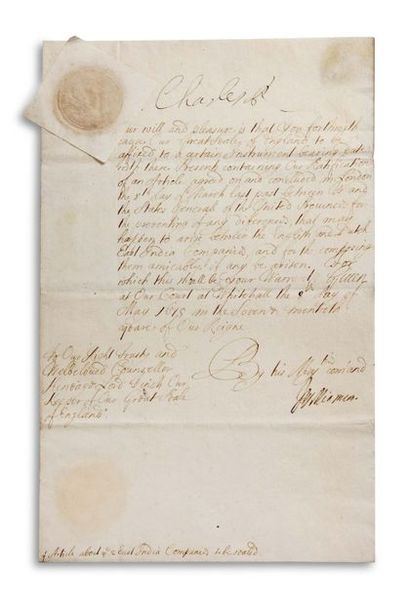 CHARLES II (1630-1685). Roi d’Angleterre. Signed letter, signed « Charles R. », Whitehall...