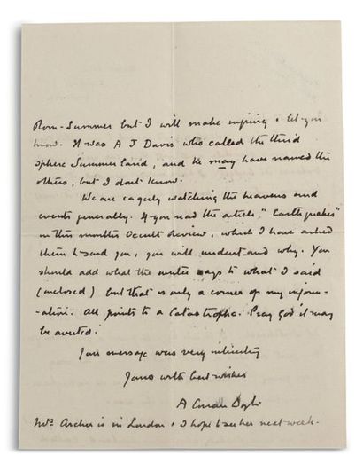 DOYLE ARTHUR CONAN (1859-1930). Signed autograph letter, signed « A. Conan Doyle...