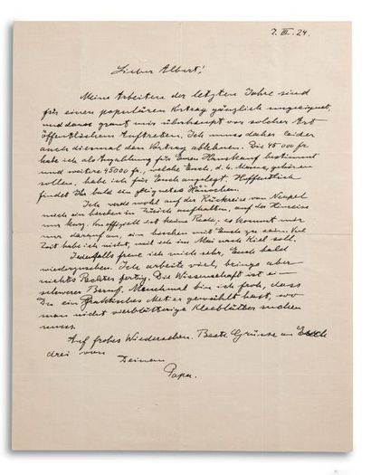 EINSTEIN ALBERT (1879-1955). Signed autograph letter, signed « Papa », 7 March 1924,...