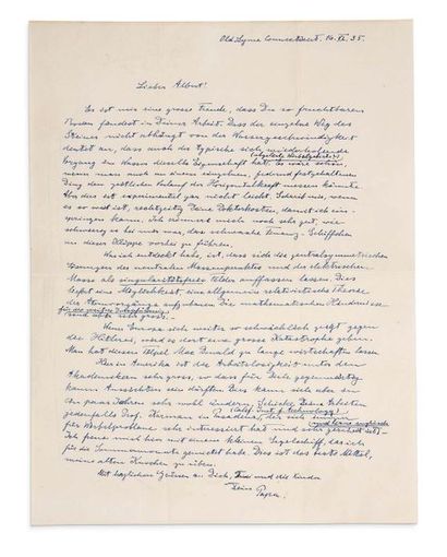 EINSTEIN ALBERT (1879-1955). Signed autograph letter, signed « Dein Papa », Old Lyme,...