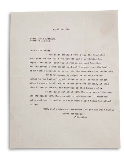 EINSTEIN ALBERT (1879-1955). Signed letter, signe « A. Einstein », Princeton 14 April...