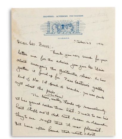 HEMINGWAY ERNEST (1899-1961). Signed autograph letter, signed « Ernest Hemingway...